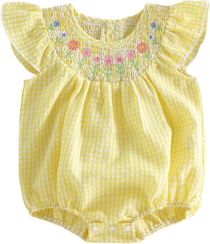 Yuemengxuan Newborn Baby Girl Summer Outfit Floral Embroidery Flying Sleeve Striped Bubble Romper Smocked Onesie in Kuwait