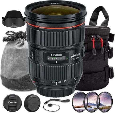 مجموعة عدسات Canon EF 24-70mm f/2.8L II USM | تكبير قياسي من السلسلة L مع فتحة ثابتة f/2.8 وبصريات متقدمة وتركيز تلقائي USM من النوع الدائري السريع | لحفلات الزفاف والمناسبات (5175B002) + مجموعة الفلاتر + المزيد in Kuwait