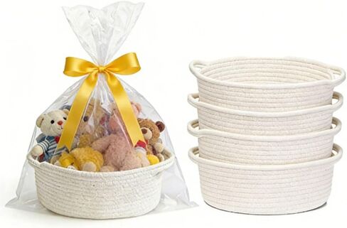 Yanchexp 4 Pack Small Woven Basket with Gift Bags and Ribbons, Small Rope Basket 12"x 8"x 5", Baskets for Gifts Empty, Gift Basket for Christmas, Thanksgiving and Home Shelf Storage in Kuwait