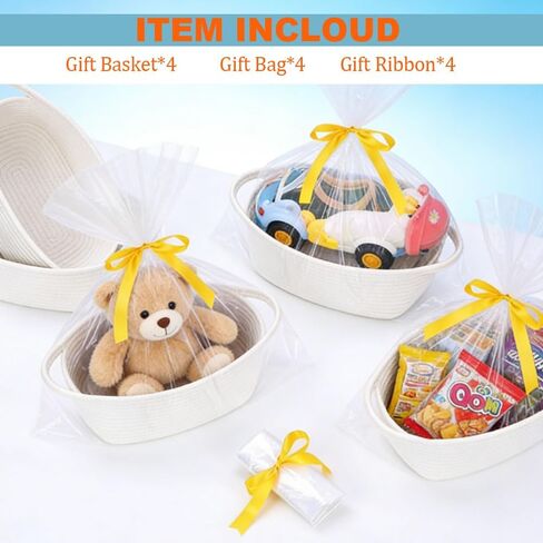Yanchexp 4 Pack Small Woven Basket with Gift Bags and Ribbons, Small Rope Basket 12"x 8"x 5", Baskets for Gifts Empty, Gift Basket for Christmas, Thanksgiving and Home Shelf Storage in Kuwait
