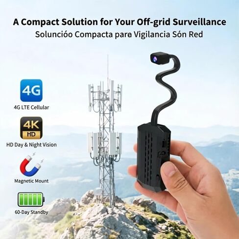 W-07 4K Mini 4G LTE Cellular Security Camera Wireless, Goose-Neck Design with Magnetic Mount, No WiFi Needed, 60 Days Long Standby, Color Night Vision, AI Human Alert, for Home RV Indoor in Kuwait
