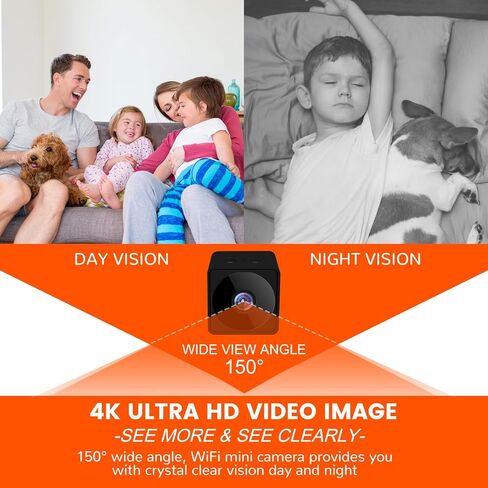 كاميرا أمان صغيرة، واي فاي أو بدون واي فاي اختياري، كاميرا تجسس 4K، كاميرات صغيرة لأمن المنزل مع بطاقة TF 32 جيجابايت مثبتة مسبقًا، زاوية واسعة، رؤية ليلية، للأماكن الداخلية والخارجية (أسود) in Kuwait