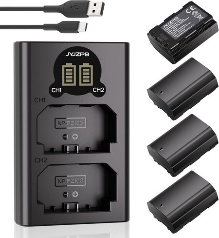 JYJZPB 4-Pack NP-FZ100 Battery for Sony A7IV, A7III, A7C, A1, FX3, FX30, A6600, A6700, ZV-E1, ZV-E10II, A9, A9S, A7R III, A7R IV, A7RV Camera, Upgraded Rapid Dual Charger with Type-C Cable, 2280mAh in Kuwait