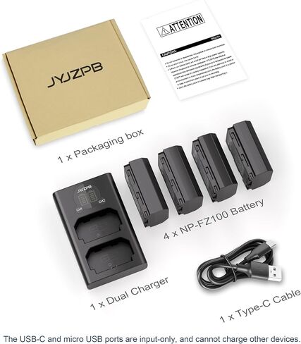 JYJZPB 4-Pack NP-FZ100 Battery for Sony A7IV, A7III, A7C, A1, FX3, FX30, A6600, A6700, ZV-E1, ZV-E10II, A9, A9S, A7R III, A7R IV, A7RV Camera, Upgraded Rapid Dual Charger with Type-C Cable, 2280mAh in Kuwait