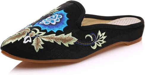 Qhome Women's Chinese Floral Embroidery Pointed-Toe Comfortable Satin Casual Mules House Pumps Slippers Shoes in Kuwait