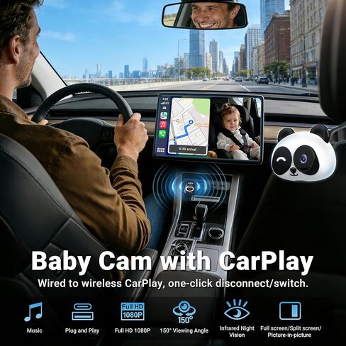 كاميرا سيارة الأطفال MINIX CA520 اللاسلكية CarPlay لهواتف iPhone، شاشة مراقبة الطفل في المقعد الخلفي بدقة 1080 بكسل عالية الدقة مع رؤية ليلية، رؤية واسعة 150 درجة، زمن استجابة منخفض، التوصيل والتشغيل لمركبات CarPlay السلكية في المصنع in Kuwait