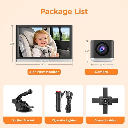 Itomoro 2026 New Upgraded Baby Car Camera, 1080P HD Car Camera for Baby with 4.3 Inch Display, Rear Facing Car Baby Monitor with Infrared Night Vision, Wide Angle View, Easy Install, Silver & Black in Kuwait