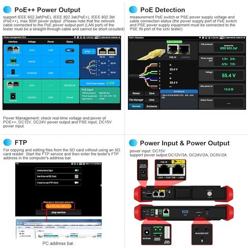 جهاز اختبار كاميرا IP بدقة 4K بدقة 12 ميجابكسل، مخرج طاقة WANLUTECH 90 وات PoE، اختبار CCTV بشاشة لمس 8 بوصة لكاميرات 8 ميجابكسل TVI CVI AHD CVBS، اختبار SFP، اختبار كابل RJ45 TDR، أدوات شبكة WiFi، HDMI VGA (E89) in Kuwait