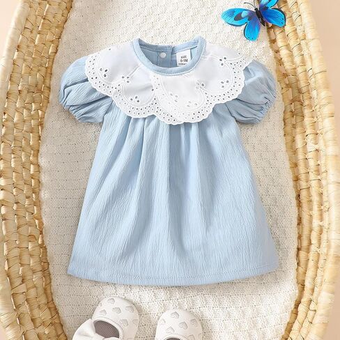 Baby Girl Short Sleeve Dress Puff Sleeve Solid Color Infant Outfit in Kuwait