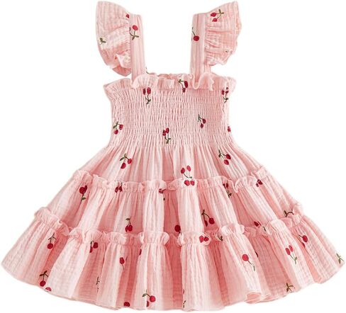 SHIBAOZI Toddler Baby Girl Dresses Cotton Gauze Flutter Sleeve Cherry Print A Line Frill Holiday Dress in Saudi Arabia
