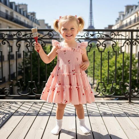 SHIBAOZI Toddler Baby Girl Dresses Cotton Gauze Flutter Sleeve Cherry Print A Line Frill Holiday Dress in Saudi Arabia