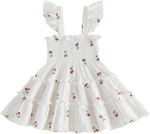 SHIBAOZI Toddler Baby Girl Dresses Cotton Gauze Flutter Sleeve Cherry Print A Line Frill Holiday Dress in Saudi Arabia