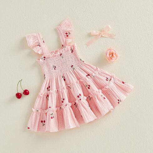 SHIBAOZI Toddler Baby Girl Dresses Cotton Gauze Flutter Sleeve Cherry Print A Line Frill Holiday Dress in Saudi Arabia