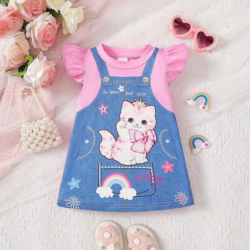 Baby Girl Cat Dress Summer Outfit Pink Faux Denim Pinafore Print Ruffle Sleeve Infant Cute Clothes in Saudi Arabia