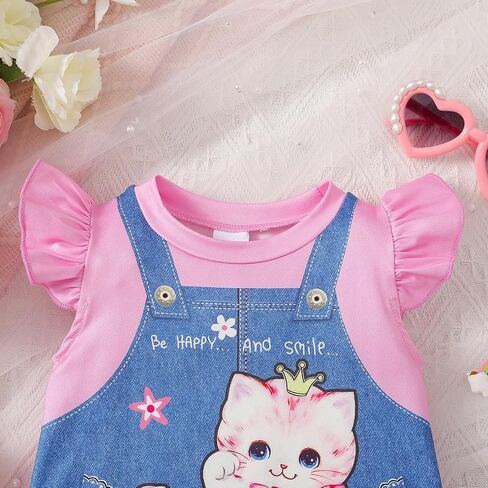 Baby Girl Cat Dress Summer Outfit Pink Faux Denim Pinafore Print Ruffle Sleeve Infant Cute Clothes in Saudi Arabia
