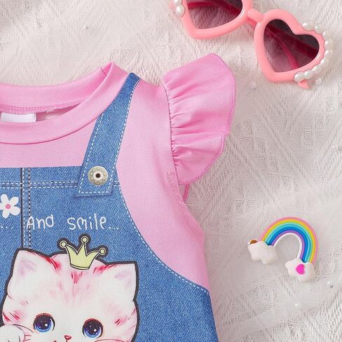 Baby Girl Cat Dress Summer Outfit Pink Faux Denim Pinafore Print Ruffle Sleeve Infant Cute Clothes in Saudi Arabia