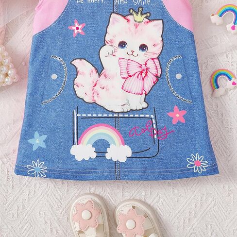 Baby Girl Cat Dress Summer Outfit Pink Faux Denim Pinafore Print Ruffle Sleeve Infant Cute Clothes in Saudi Arabia