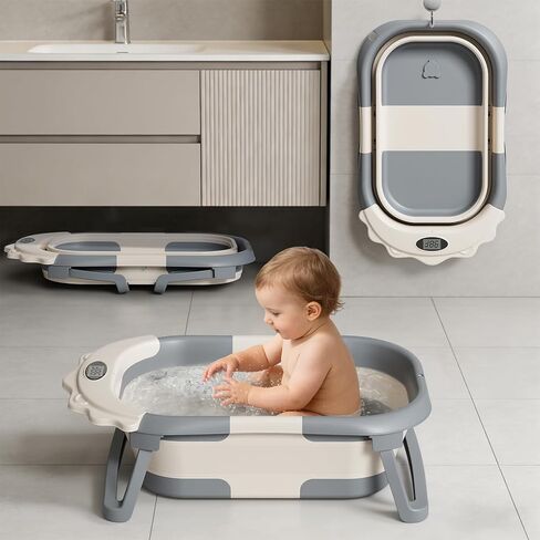 TPN 4-in-1 Grow-with-Me Collapsible Baby Bathtub, Baby Tub for Newborns to Toddler with Soft Floating Cushion & Thermometer, Portable Baby Bath Tub, Infant Bathtub for Bath Support in Tub,Grey in Saudi Arabia