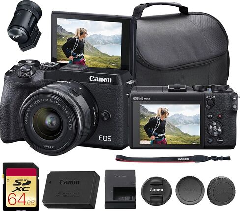 Canon EOS M6 Mark II Mirrorless Camera with 15-45mm Lens & EVF (Black) Bundle | 32.5MP APS-C Sensor, Dual Pixel CMOS AF, 4K Video & High-Speed | Great for Travel & Content (3611C011) + 64GB Card + Bag in Kuwait