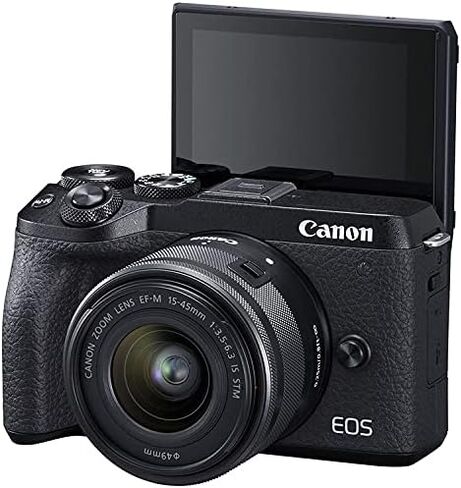 Canon EOS M6 Mark II Mirrorless Camera with 15-45mm Lens & EVF (Black) Bundle | 32.5MP APS-C Sensor, Dual Pixel CMOS AF, 4K Video & High-Speed | Great for Travel & Content (3611C011) + 64GB Card + Bag in Kuwait