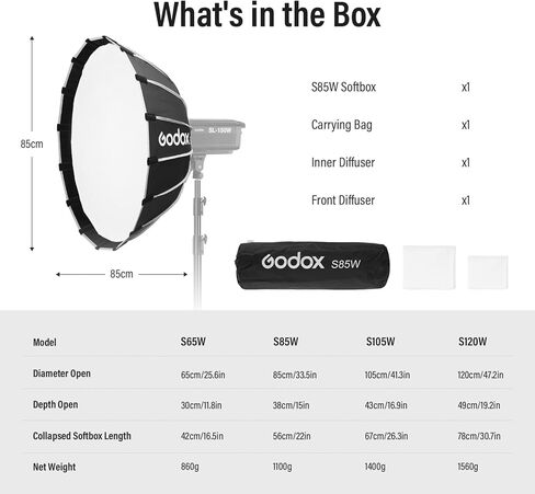 Godox Softbox White Inner 120 سم / 47.2 بوصة Godox S120W Bowens Mount Softbox مع ناشر وحقيبة حمل، صندوق ناعم متين سريع الإعداد، صغير الحجم للتصوير الفوتوغرافي / الضوء المستمر / فلاش ستروب / صورة شخصية in Kuwait