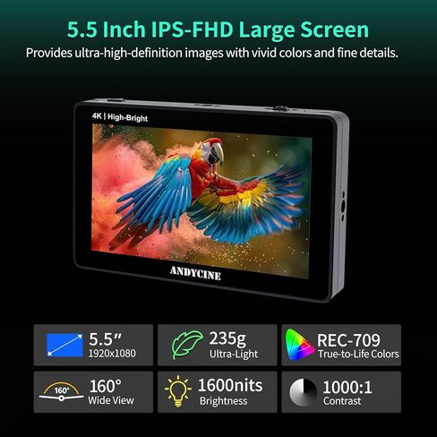 ANDYCINE C50 5.5 Inch 1600nits High Brightness Touch Screen Camera Field Monitor Bundle - Full HD 1920x1080, 4K HDMI Input, 3D LUT, Waveform, Focus Assist with F970 Battery, Carry Case & Sunshade in Kuwait