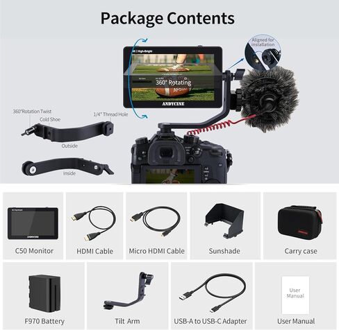 ANDYCINE C50 5.5 Inch 1600nits High Brightness Touch Screen Camera Field Monitor Bundle - Full HD 1920x1080, 4K HDMI Input, 3D LUT, Waveform, Focus Assist with F970 Battery, Carry Case & Sunshade in Kuwait