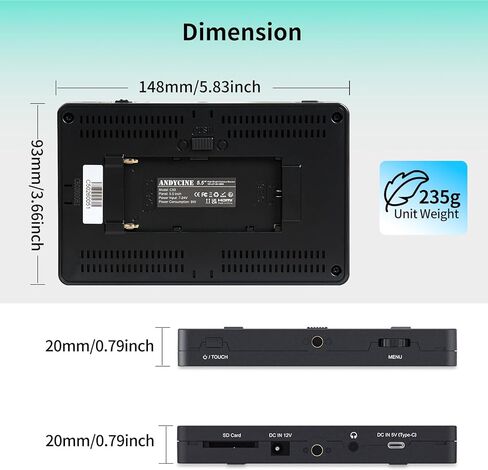 ANDYCINE C50 5.5 Inch 1600nits High Brightness Touch Screen Camera Field Monitor Bundle - Full HD 1920x1080, 4K HDMI Input, 3D LUT, Waveform, Focus Assist with F970 Battery, Carry Case & Sunshade in Kuwait