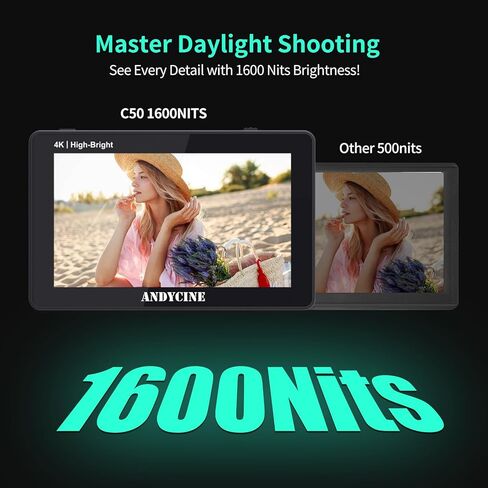 ANDYCINE C50 5.5 Inch 1600nits High Brightness Touch Screen Camera Field Monitor Bundle - Full HD 1920x1080, 4K HDMI Input, 3D LUT, Waveform, Focus Assist with F970 Battery, Carry Case & Sunshade in Kuwait