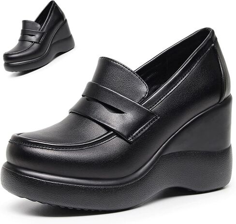 Women's Leather Round Toe Platform Wedge Loafers Lightweight Comfortable Slip On Non-Slip High Heel Heighten Causal Work Dress Pumps 3.15 Inch for Office Business Date Wedding in Kuwait