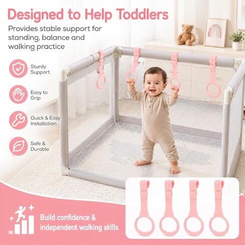 DECHOUS 4Pcs Playpen Pull Up Rings: Pink Baby Pull Up Rings for Play Pen - Walking Exercises Assistant Stand Up Handle for Toddler Practice Gifts in Kuwait