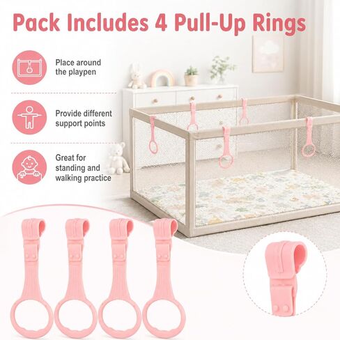 DECHOUS 4Pcs Playpen Pull Up Rings: Pink Baby Pull Up Rings for Play Pen - Walking Exercises Assistant Stand Up Handle for Toddler Practice Gifts in Kuwait