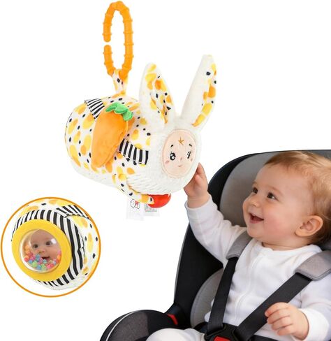 Baby Car Seat Toys Hanging-Carseat Dog Cube Toy, Infant Sensory Toys for 6 7 8 9 10 11 12 Months, Travel Activity with Rattle, Montessori Plush Newborn Girl Boy Gifts in Kuwait