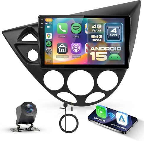 ستيريو سيارة 4G+64G لسيارة Ford Focus 1998-2005 لـ Fiesta 1995-2001، Android 9 بوصة IPS شاشة تعمل باللمس مع Carplay اللاسلكي وAndroid Auto، GPS، Double Din، Bluetooth، DSP، WiFi، FM RDS، الكاميرا in Kuwait
