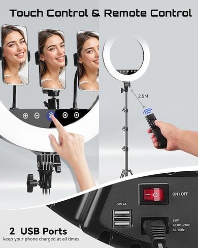 طقم إضاءة حلقة LED مطورة مقاس 18 بوصة مع حامل ثلاثي الأرجل، CRI≥95، 3000K-6000K سطوع قابل للتعديل ودرجة حرارة اللون، حامل هاتف وجهاز تحكم عن بعد للبث المباشر، يوتيوب، تيك توك، التصوير الفوتوغرافي، المكياج in Kuwait