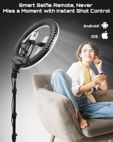 طقم إضاءة حلقة LED مطورة مقاس 18 بوصة مع حامل ثلاثي الأرجل، CRI≥95، 3000K-6000K سطوع قابل للتعديل ودرجة حرارة اللون، حامل هاتف وجهاز تحكم عن بعد للبث المباشر، يوتيوب، تيك توك، التصوير الفوتوغرافي، المكياج in Kuwait