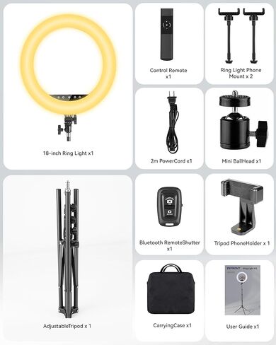 طقم إضاءة حلقة LED مطورة مقاس 18 بوصة مع حامل ثلاثي الأرجل، CRI≥95، 3000K-6000K سطوع قابل للتعديل ودرجة حرارة اللون، حامل هاتف وجهاز تحكم عن بعد للبث المباشر، يوتيوب، تيك توك، التصوير الفوتوغرافي، المكياج in Kuwait