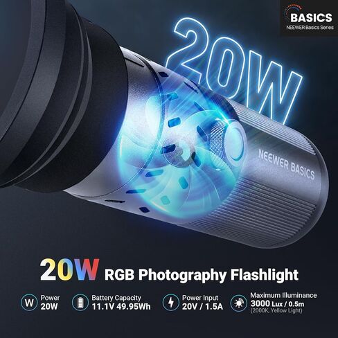 NEEWER BASICS مصباح يدوي للتصوير الفوتوغرافي بقدرة 20 وات RGB مع 4 ألوان/20 مرشحات Gobo، بطارية مدمجة بقدرة 49.95 وات في الساعة، 6300K CRI95+ ضوء كشاف LED محمول لغروب الشمس المحيط لإضاءة استوديو تسجيل الفيديو، FL20 in Kuwait