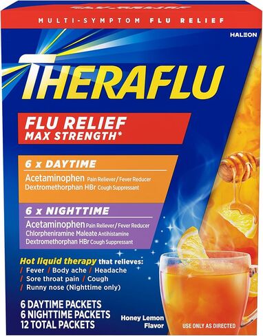 Theraflu ماكس قوة تخفيف أعراض الانفلونزا أثناء النهار - 6 قيراط بالإضافة إلى أقصى قوة دواء الانفلونزا الليلية لتخفيف أعراض الانفلونزا - 6 قيراط التحرير والسرد in Kuwait