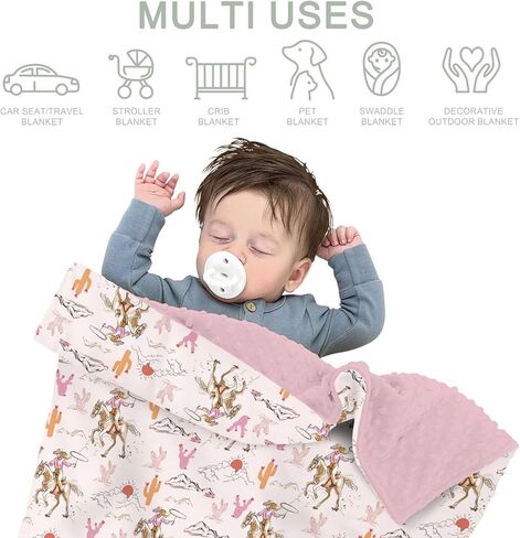 Cute Pink Cowgirl Baby Blankets for Girl Western Cowgirls Horse Cactus Mountain Sunset Soft Mink Dotted Backing Double Layer Swaddle Blanket Wild West Desert Bed Throws for Newborn Toddler Crib 30x40 in Saudi Arabia