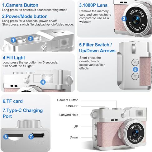 Mini Keychain Camera - 1080P FHD Mini Retro Digital Camera - Tiny Portable Small Cameras Vintage Compact Micro Cameras - Pocket Video Recorder with 8GB Card for Travel Study Recording in Kuwait