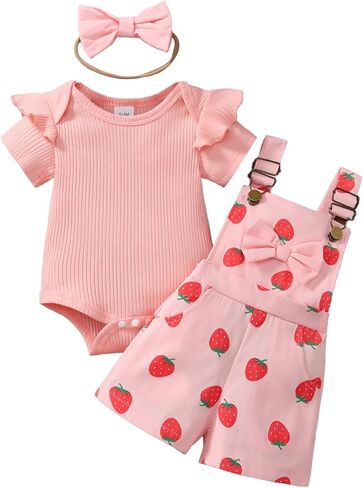 Newborn Baby Girl Summer Outfit Short Sleeve Ribbed Romper Suspender Overalls Shorts Set Infant Cute Clothes in Kuwait