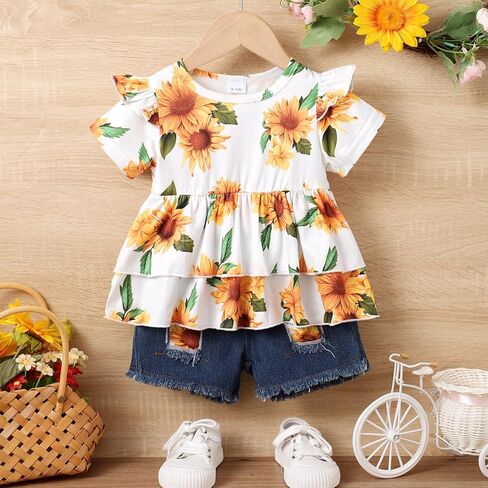 Baby Girls' 2 Piece Outfit – Toddler Sunflower Print Ruffle Top + Denim Shorts Set, Casual Clothes for 3M–12M in Saudi Arabia