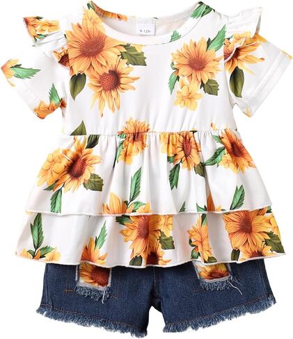 Baby Girls' 2 Piece Outfit – Toddler Sunflower Print Ruffle Top + Denim Shorts Set, Casual Clothes for 3M–12M in Saudi Arabia