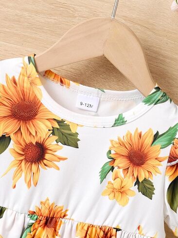 Baby Girls' 2 Piece Outfit – Toddler Sunflower Print Ruffle Top + Denim Shorts Set, Casual Clothes for 3M–12M in Saudi Arabia