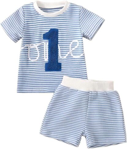 Baby Boys Girl 1st Birthday Outfit Waffle Knit One Embroidery Short Sleeve Top + Shorts Set Summer Clothes for 6 12 18 Months in Kuwait
