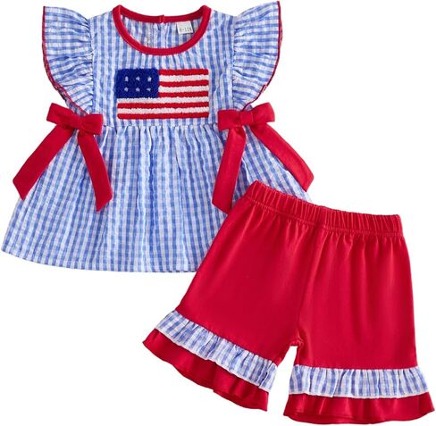 4th of July Baby Girl Outfits Toddler Summer Clothes American Flag Plaid Sleeveless Ruffle T-shirt Shorts Set in Saudi Arabia