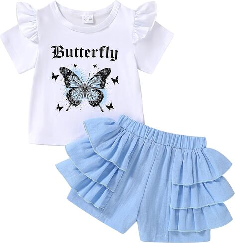 Happy Town Baby Girl Clothes Summer T-shirt Layered Ruffles Shorts Set Toddler Outfits in Kuwait