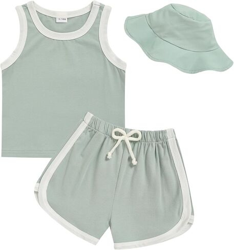 GRNSHTS Toddler Boy Girl 3 Piece Summer Outfit - Sleeveless Tank, Dolphin Shorts & Bucket Hat Set for Beach Playwear in Saudi Arabia