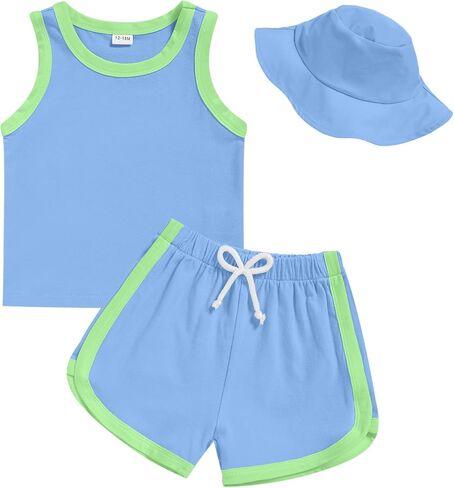 GRNSHTS Toddler Boy Girl 3 Piece Summer Outfit - Sleeveless Tank, Dolphin Shorts & Bucket Hat Set for Beach Playwear in Saudi Arabia